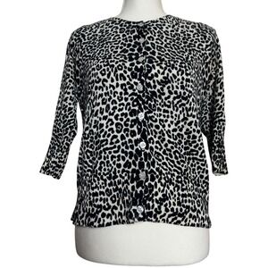 Vintage AB Studio Women's Leopard Print 3/4‎ Sleeve Cardigan Sweater 100% Cotton
